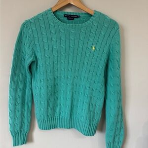 Ralph Lauren Women's Medium Teal Green Cable Knit Sweater 100% Cotton Pony Logo